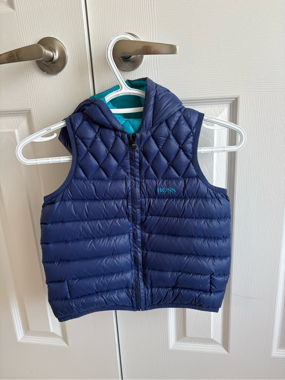 Reversible HUGO BOSS Kids Navy Quilted Hooded Vest with Teal Logo